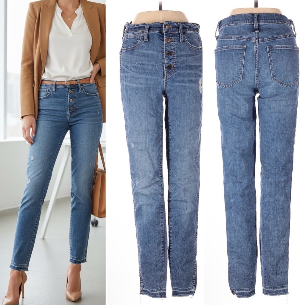 497 Madewell | EUC High-Rise Skinny Button-Fly Distressed Jeans (size 27) - Picture 1 of 16